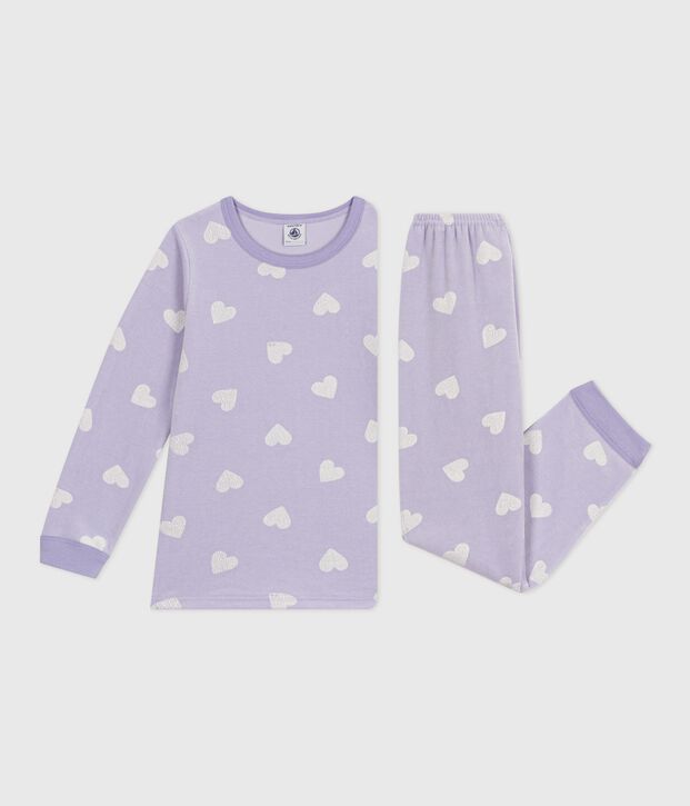 Pigiama in ciniglia con stampa a cuori bambina viola/bianco