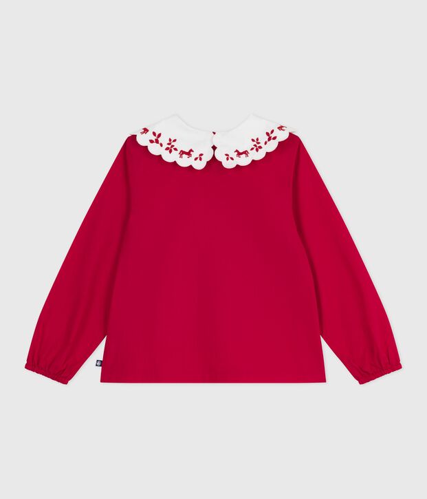 Blusa a maniche lunghe in popeline di cotone con stampa bambina rosso