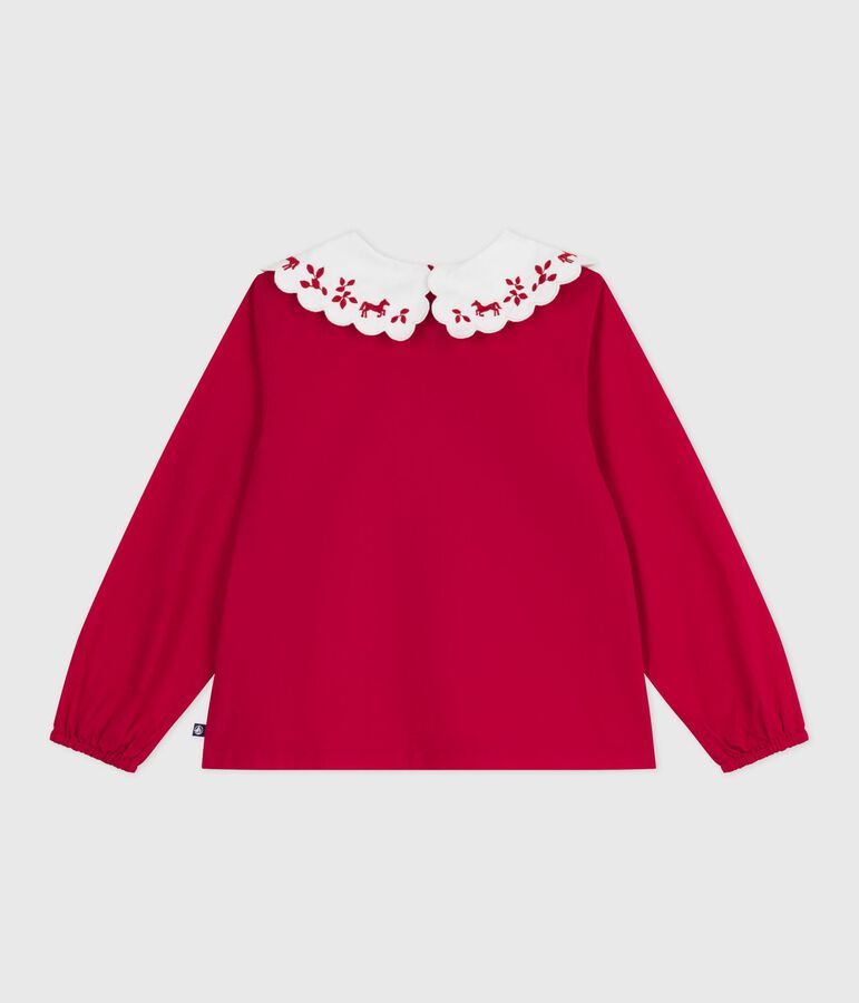 Blusa a maniche lunghe in popeline di cotone con stampa bambina rosso