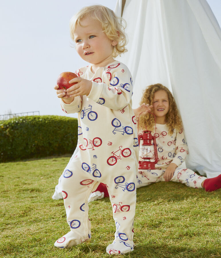 Tutina pigiama bicicletta beb&egrave; in cotone ecru/multicolore