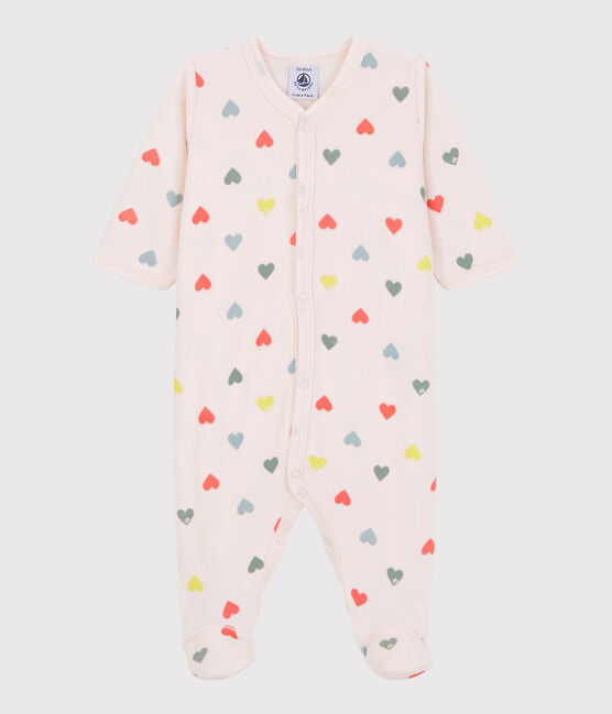 Tutina pigiama cuori colorati bebè femmina in ciniglia rosa FLEUR/bianco MULTICO