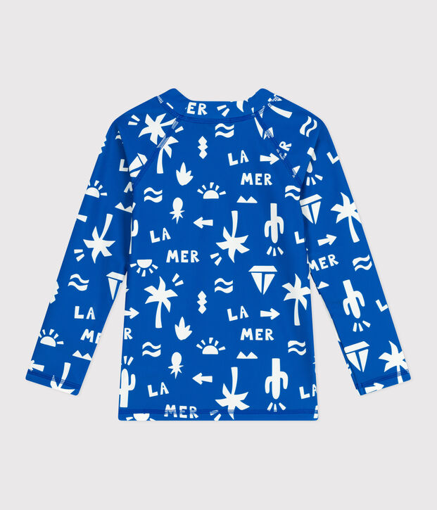 T-shirt da bagno anti-UV a maniche lunghe con stampa bambino blu/bianco