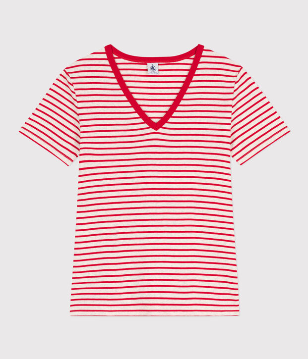 T-shirt L'ICONIQUE scollo a V in cotone Donna beige/rosso