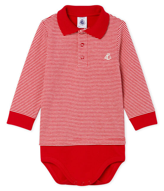 Body a polo fantasia millerighe bebè maschio rosso TERKUIT/bianco MARSHMALLOW