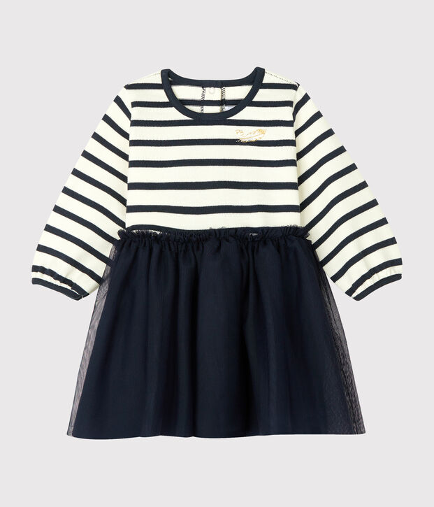 Abito bi-materiale a maniche lunghe beb&egrave; femmina bianco/blu