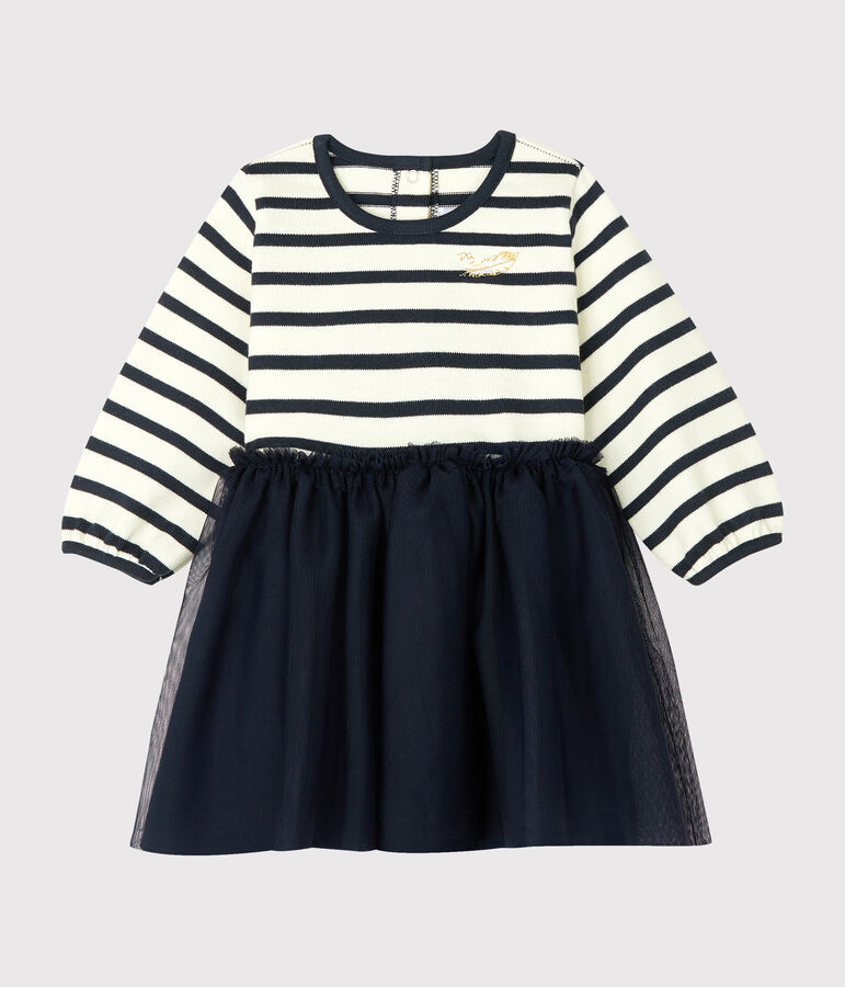 Abito bi-materiale a maniche lunghe beb&egrave; femmina beige COQUILLE/blu SMOKING