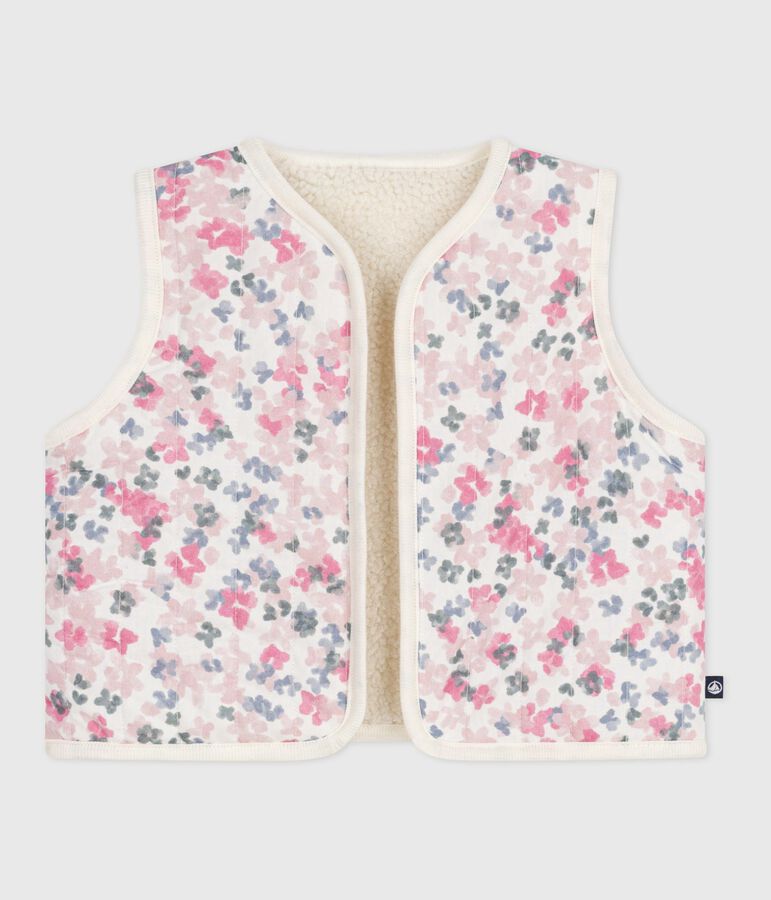 Gilet senza maniche in popeline di cotone e sherpa con stampa neonata ecru/multicolore