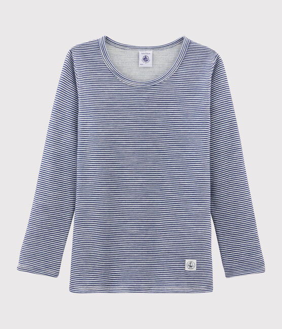 T-shirt a maniche lunghe millerighe in lana e cotone blu MEDIEVAL/bianco MARSHMALLOW
