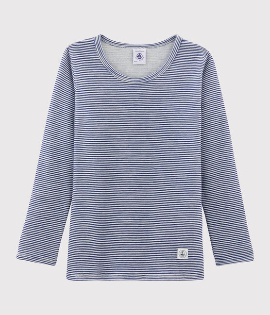 T-shirt a maniche lunghe millerighe in lana e cotone da bambino blu MEDIEVAL/bianco MARSHMALLOW