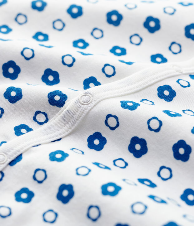 Tutina pigiama senza piedi a fiori beb&eacute; in cotone biologico bianco/blu