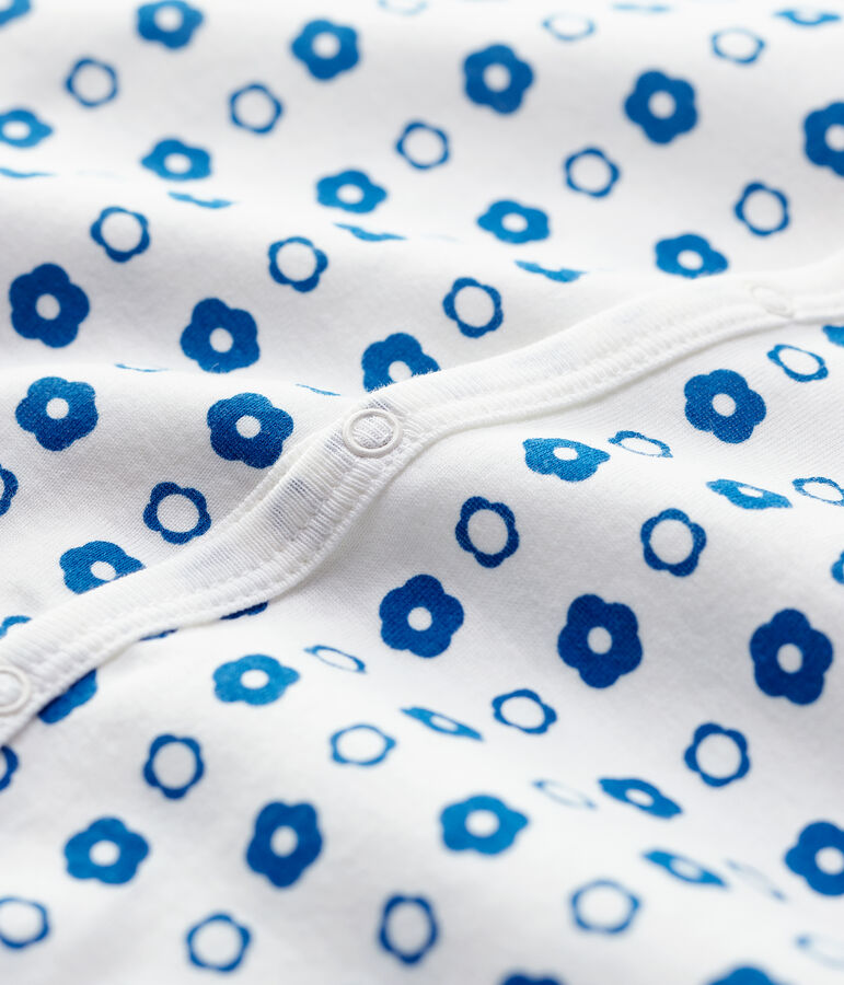 Tutina pigiama senza piedi a fiori beb&eacute; in cotone biologico bianco/blu