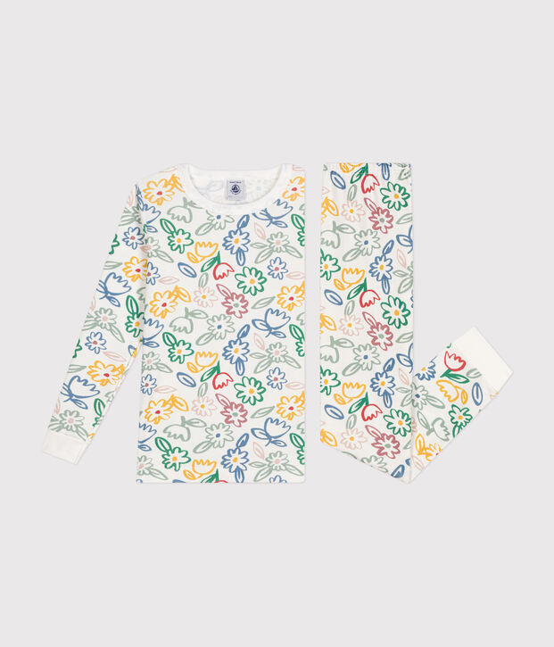 Pigiama aderente in cotone con stampa a fiori bambino bianco/multicolore