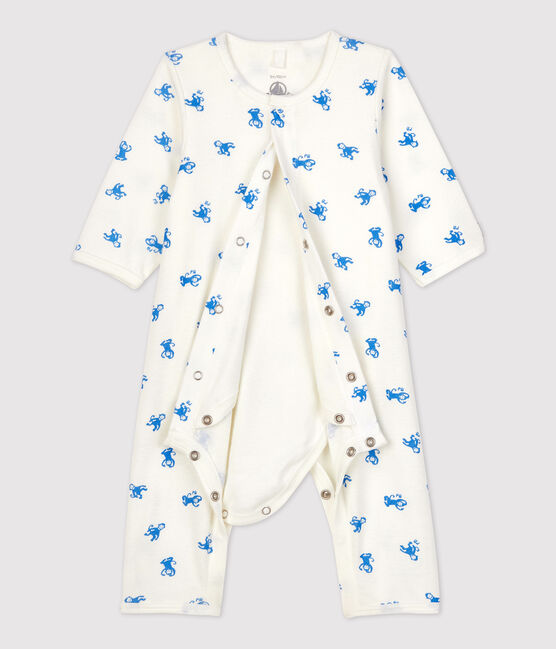 Body-pigiama senza piedi bebè in cotone biologico bianco MARSHMALLOW/blu BRASIER