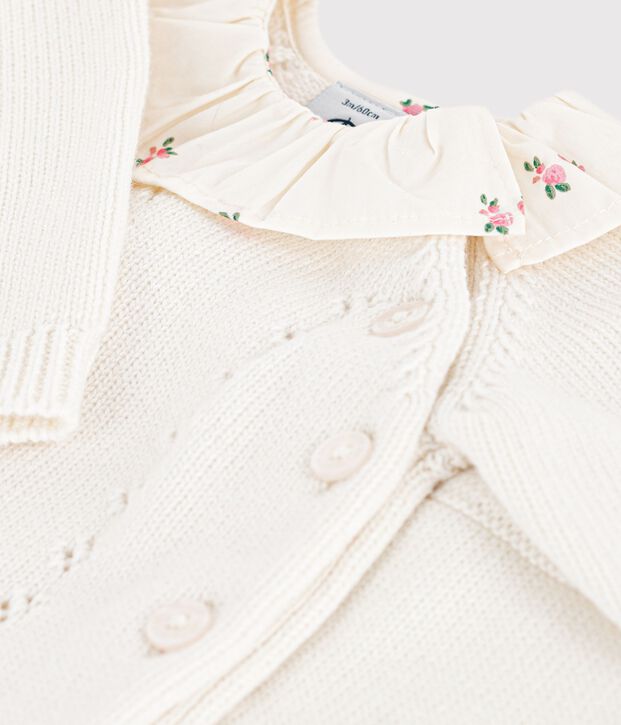 Completo 2 pezzi in misto lana e cotone e colletto a fiori neonato bianco