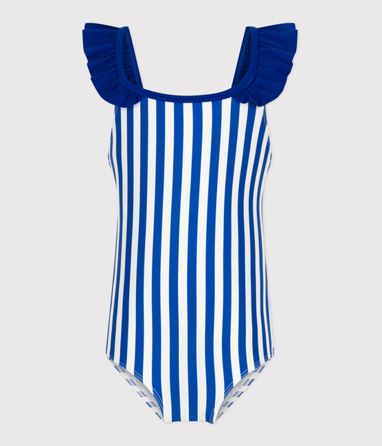 Costume da bagno intero a righe bambina blu SURF/bianco MARSHMALLOW