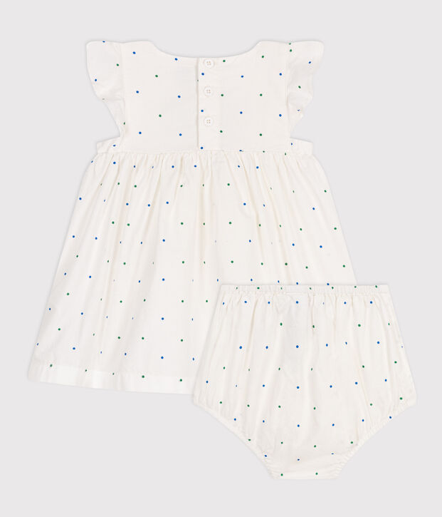 Abito bianco neonato in cotone e bloomer coordinato con stampa a pois bianco/multicolore