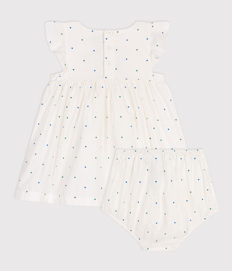 Abito bianco neonato in cotone e bloomer coordinato con stampa a pois bianco/multicolore