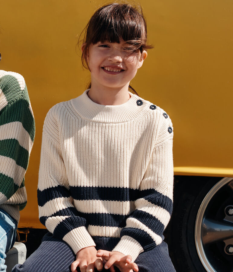 Maglione in cotone bambina ecru/blu