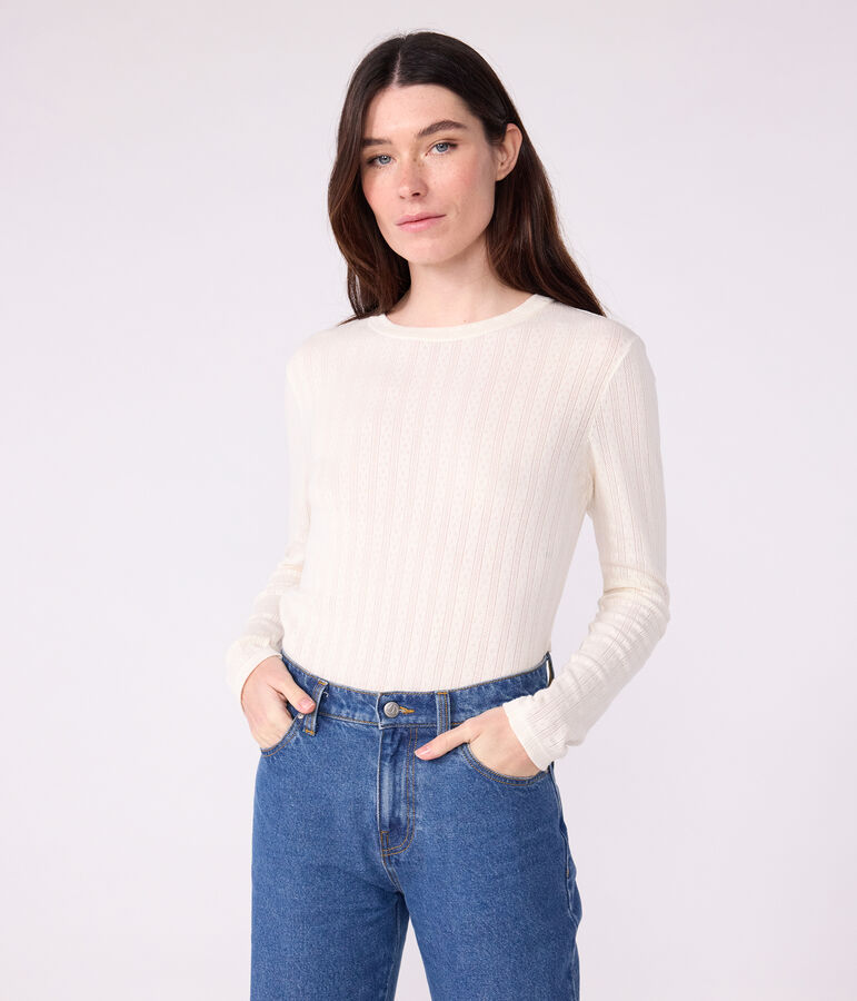 T-shirt L'Iconique a maniche lunghe in cotone traforato donna ecru