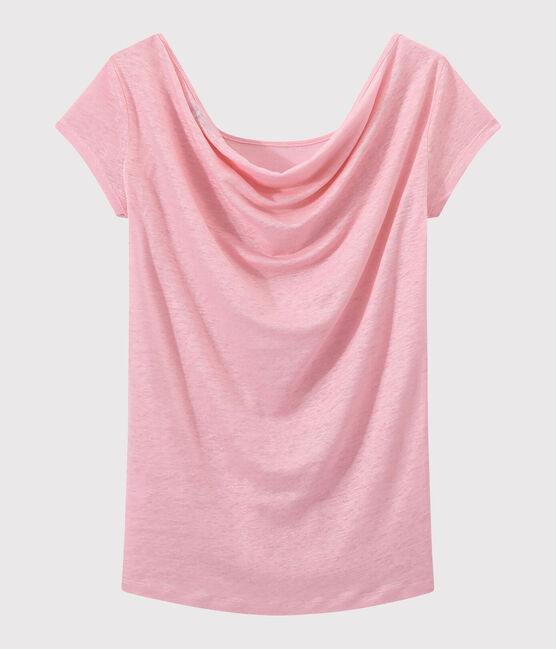 T-shirt donna con scollo ad acquasantiera sul retro in lino iridescente rosa BABYLONE/grigio ARGENT