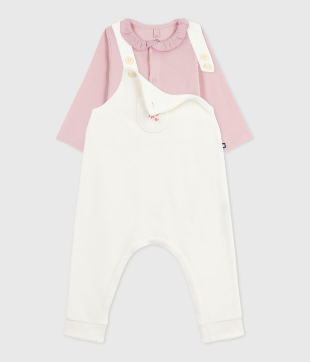 Set con salopette in cotone tinta unita con dettagli raffinati neonata ecru/rosa