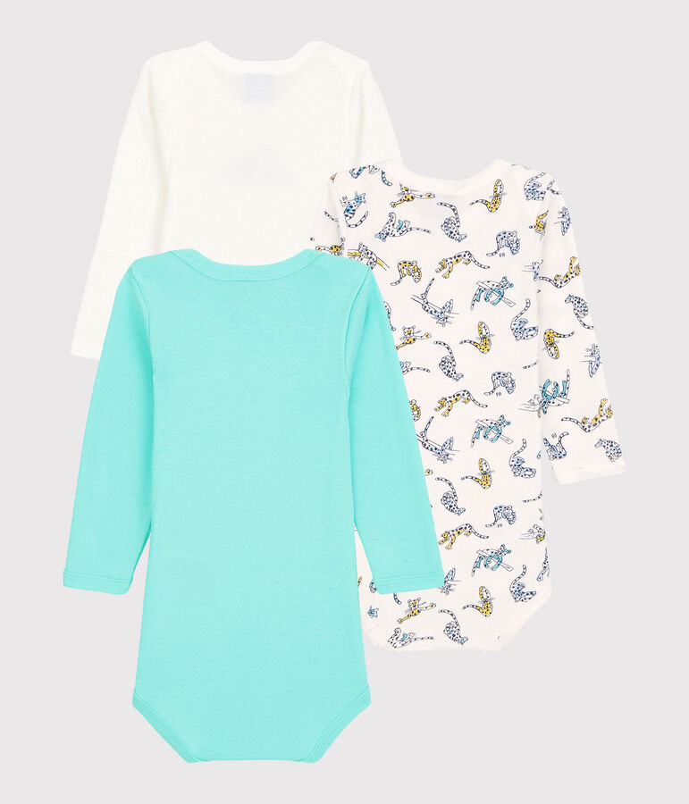 Confezione da 3 body bianchi a maniche lunghe fantasia pantere beb&egrave; in cotone biologico multicolore