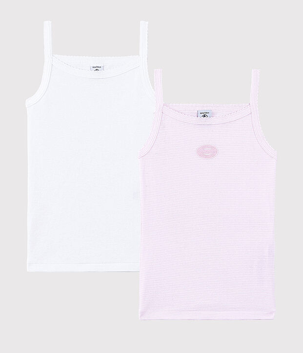 Confezione da 2 canottiere con spalline millerighe rosa bambina in cotone biologico multicolore