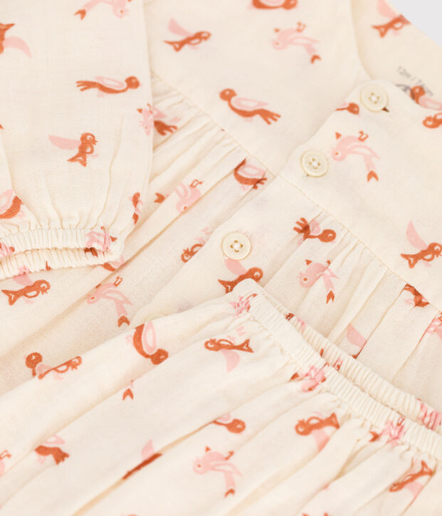 Abito e bloomer beb&egrave; in garza di cotone con motivo uccelli ecru/multicolore
