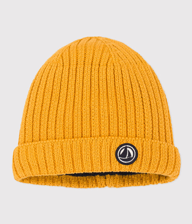 Berretto beb&egrave; in maglia foderato in pile giallo