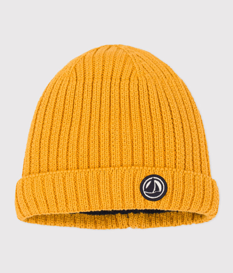 Berretto beb&egrave; in maglia foderato in pile giallo