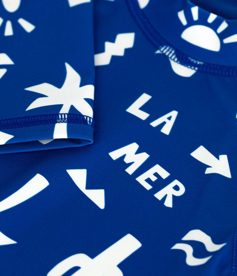 T-shirt da bagno anti-UV a maniche lunghe con stampa bambino blu/bianco