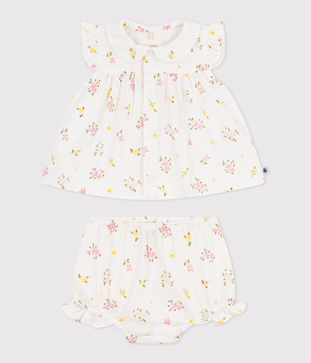 Set 2 pezzi in cotone composto da camicetta e bloomer con stampa a fiori neonata bianco/multicolore