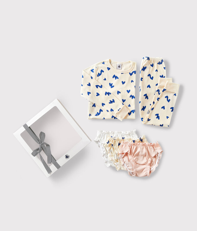 Confezione regalo pigiama e slip in cotone con stampa a cuori blu multicolore