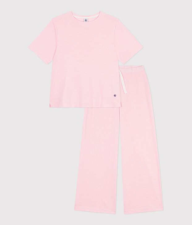 Pigiama in cotone a righe con gamba ampia donna rosa/bianco
