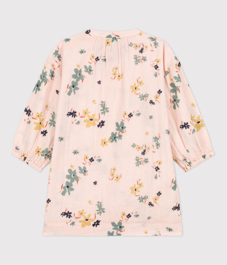 Abito bambina a maniche lunghe in garza di cotone rosa SALINE/bianco MULTICO