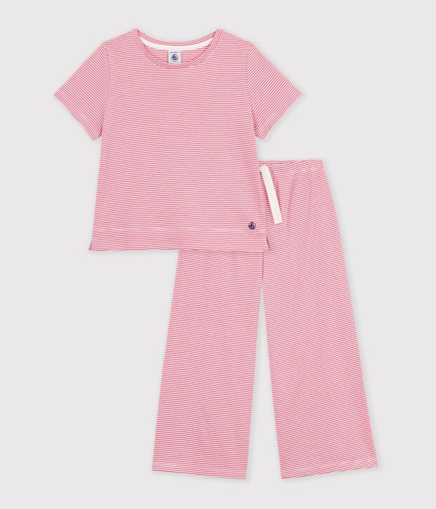 Pigiama a gamba ampia in cotone a righe bambina rosa/bianco
