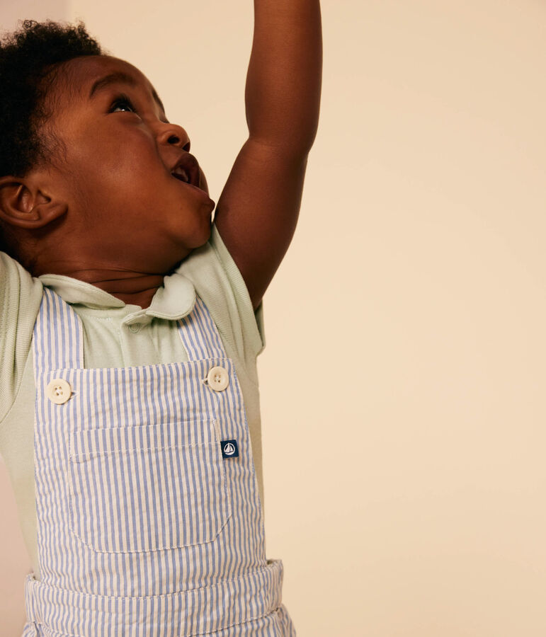 Salopette corta beb&egrave; in seersucker blu/bianco