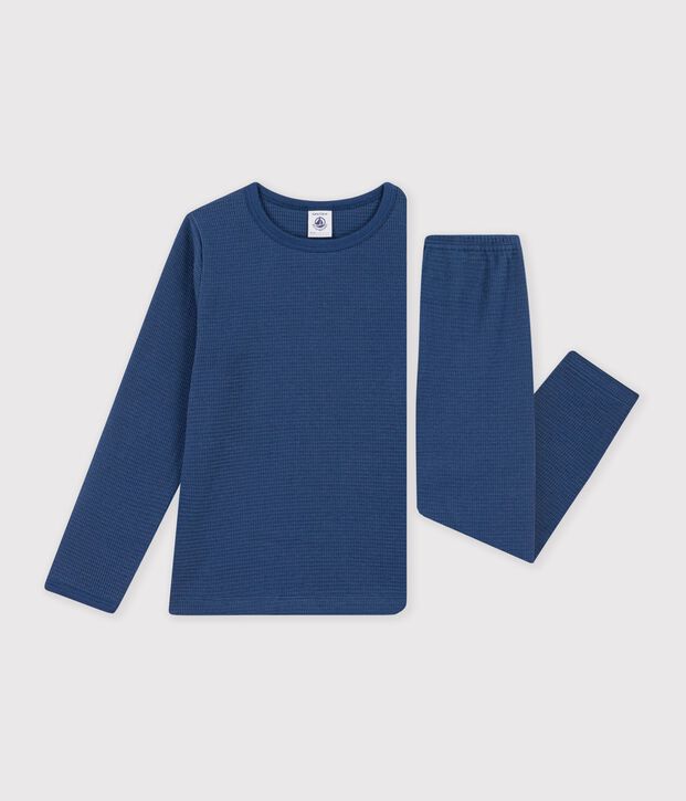 Pyjama  en c&ocirc;te d&eacute;saiguill&eacute;e  manches longues uni blu