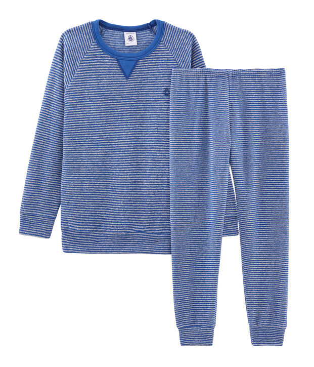 Pigiama bambino in spugna bouclette grattata, super calda blu/grigio