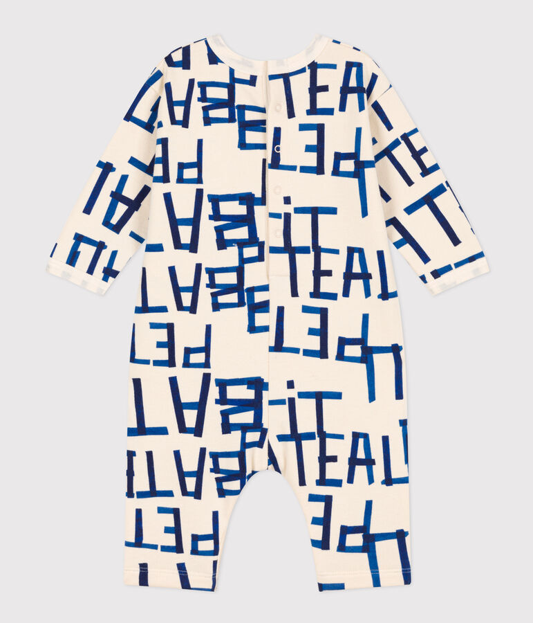 Tutina lunga in tessuto felpato stampato per beb&egrave; ecru/multicolore