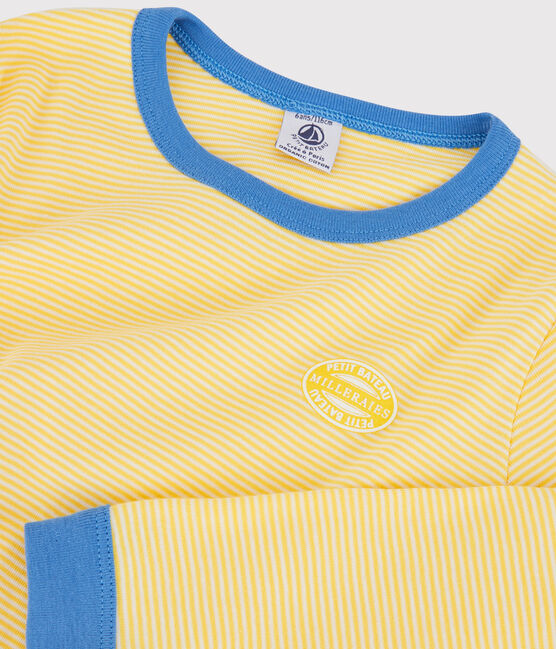 Pigiama bambina/bambino rigato millerighe in cotone biologico giallo ORGE/bianco MARSHMALLOW