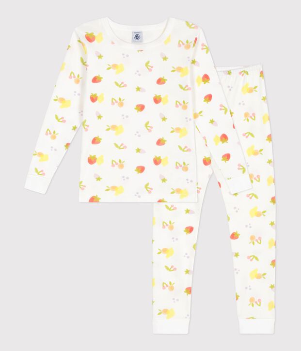 Pigiama molto aderente in cotone con stampa di frutti bambina bianco/multicolore