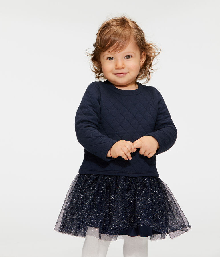 Abito bi-materiale a maniche lunghe da beb&egrave; femmina blu/bianco