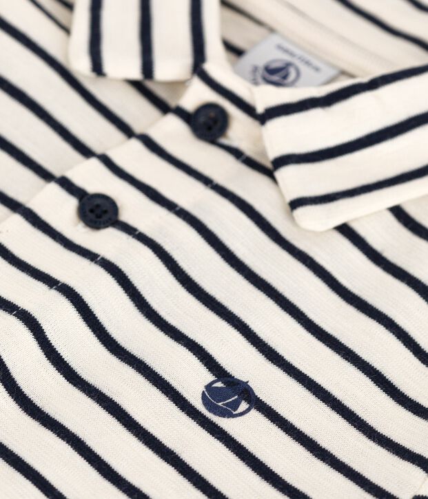 Polo a maniche corte in cotone a righe bambino ecru/blu
