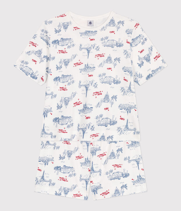 Pigiama corto in cotone stampato Parigi donna bianco/multicolore