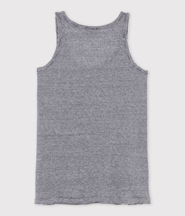 Canotta donna in lino millerighe blu/bianco