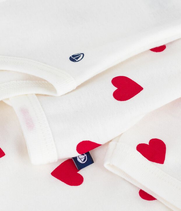 Completo 3 pezzi incrociato in cotone con stampa a cuori neonato bianco/rosso
