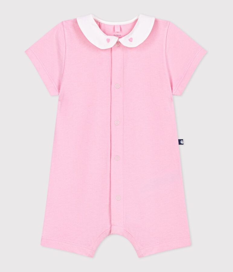 Tutina corta in cotone con cuori ricamati sulo colletto neonato rosa