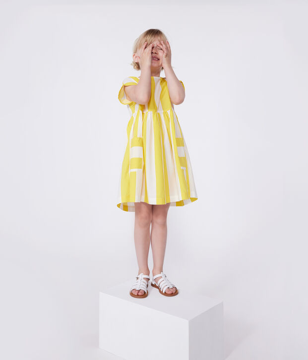 Abito a maniche corte in cotone a righe bambina bianco/giallo