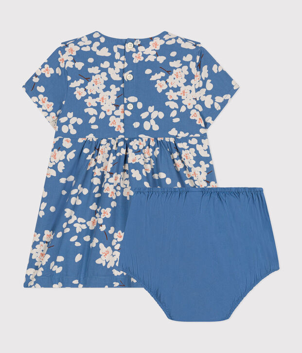 Abito a manica corta e pagliaccetto in popeline beb&egrave; blu/multicolore